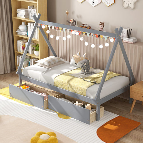 Twin Size Wooden Tent Platform Bed With 2 Drawers, Gray