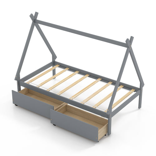 Twin Size Wooden Tent Platform Bed With 2 Drawers, Gray