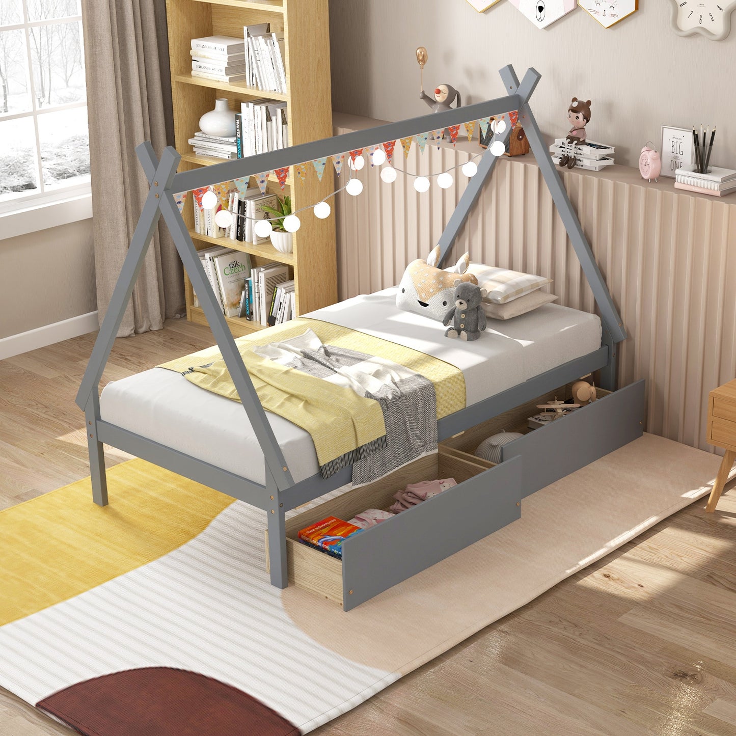 Twin Size Wooden Tent Platform House Bed with 2 Drawers, Gray Simple Bed Frame at Gallery Canada