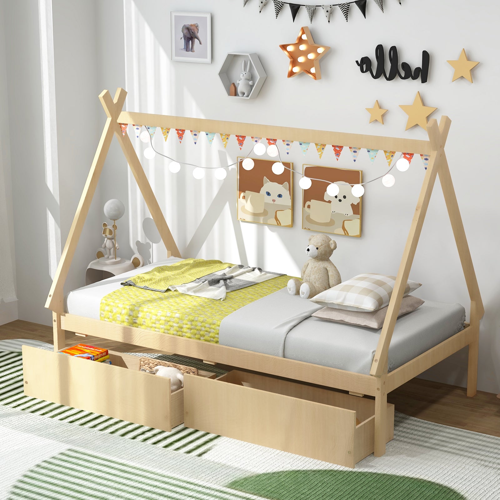 Twin Size Wooden Tent Platform House Bed with 2 Drawers, Natural Simple Bed Frame at Gallery Canada