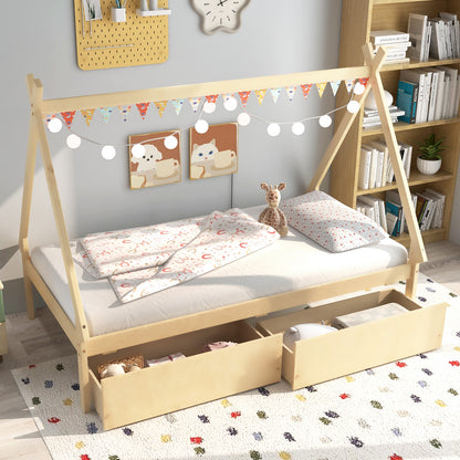 Twin Size Wooden Tent Platform House Bed with 2 Drawers, Natural Simple Bed Frame at Gallery Canada