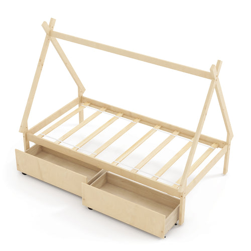Twin Size Wooden Tent Platform House Bed, 2 Drawers, Natural