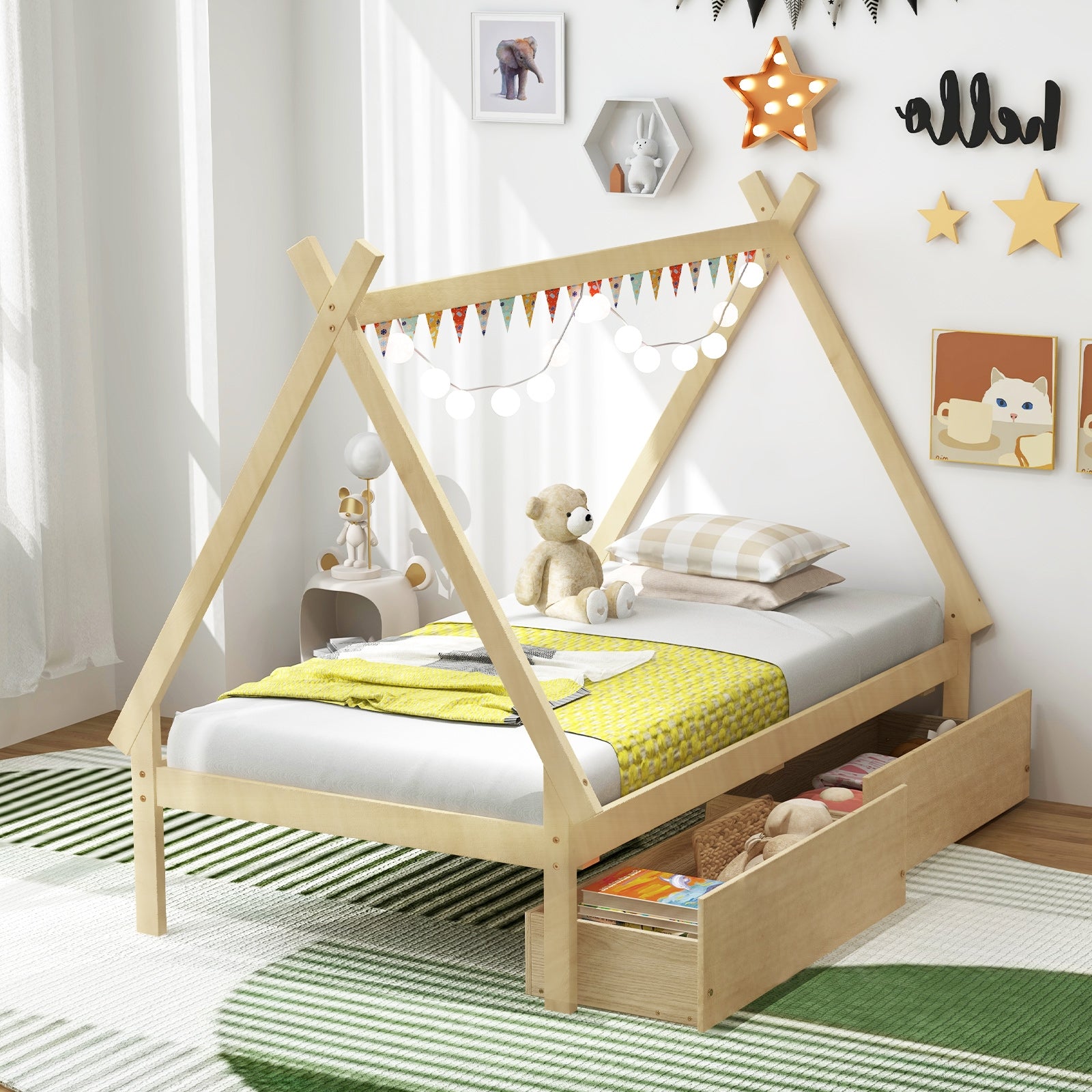 Twin Size Wooden Tent Platform House Bed with 2 Drawers, Natural Simple Bed Frame at Gallery Canada