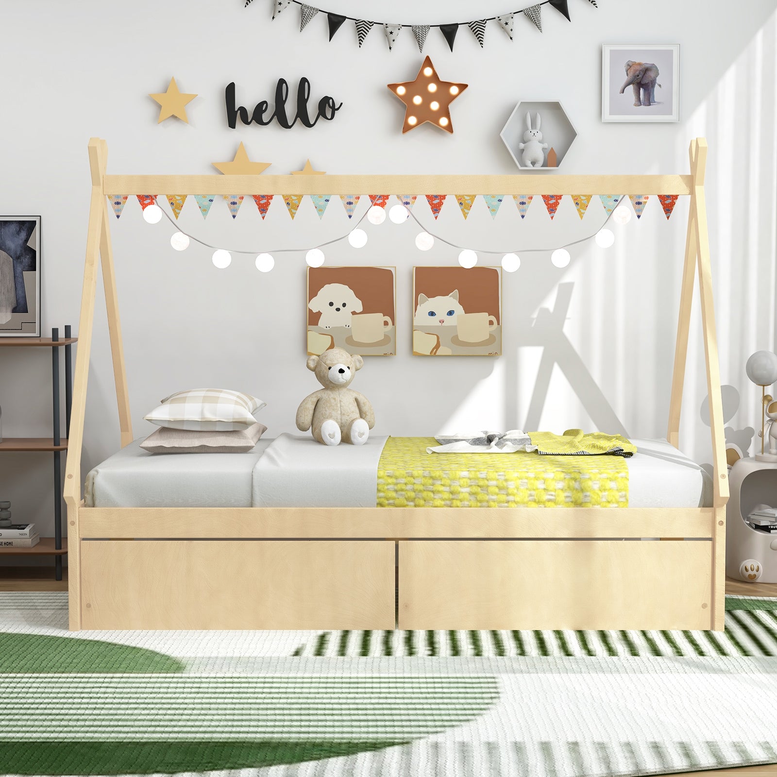 Twin Size Wooden Tent Platform House Bed with 2 Drawers, Natural Simple Bed Frame at Gallery Canada