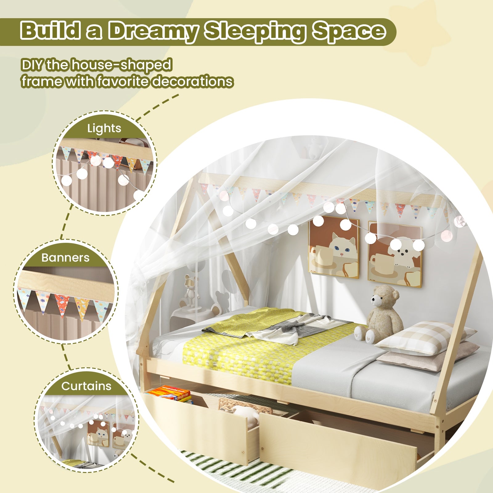 Twin Size Wooden Tent Platform House Bed with 2 Drawers, Natural Simple Bed Frame at Gallery Canada