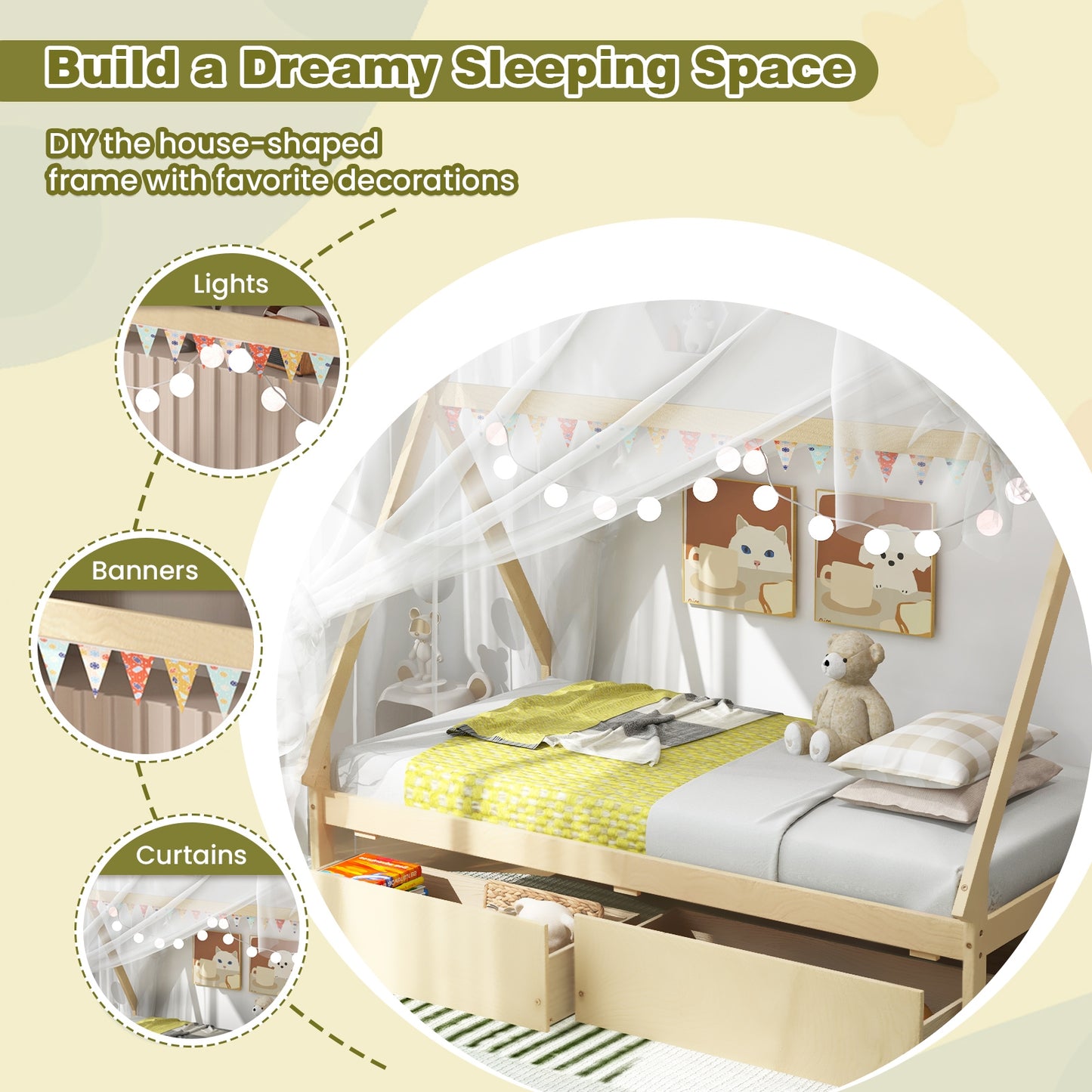 Twin Size Wooden Tent Platform House Bed with 2 Drawers, Natural Simple Bed Frame at Gallery Canada