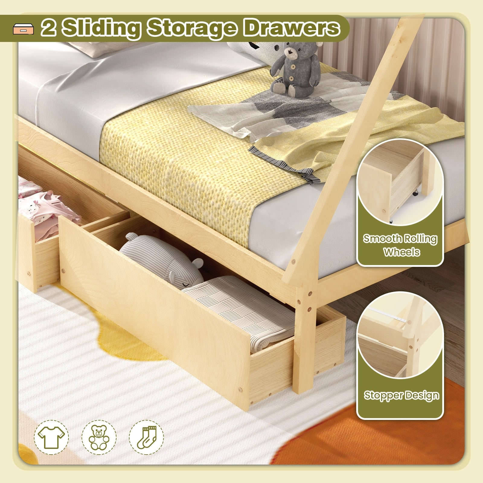 Twin Size Wooden Tent Platform House Bed with 2 Drawers, Natural Simple Bed Frame at Gallery Canada