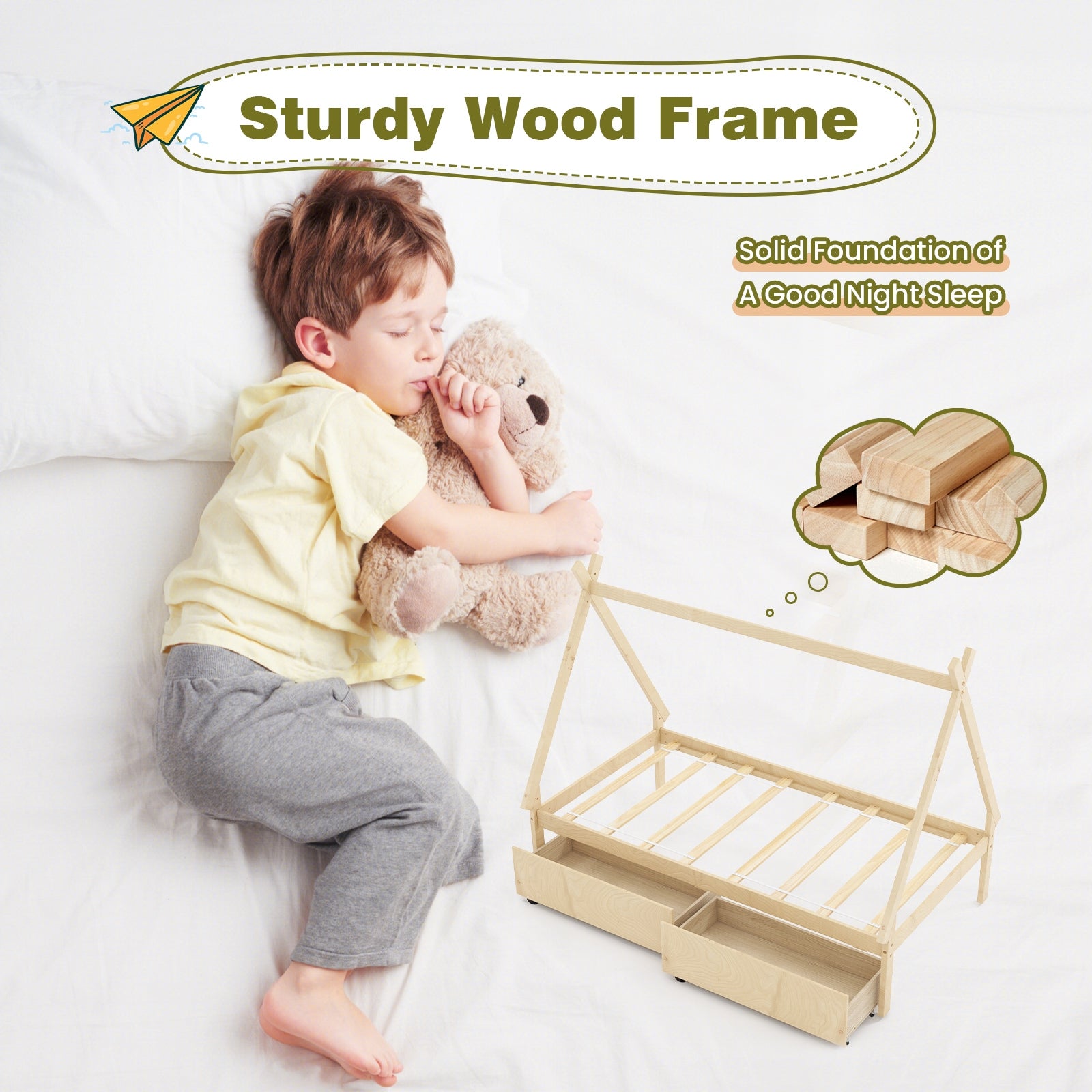 Twin Size Wooden Tent Platform House Bed with 2 Drawers, Natural Simple Bed Frame at Gallery Canada