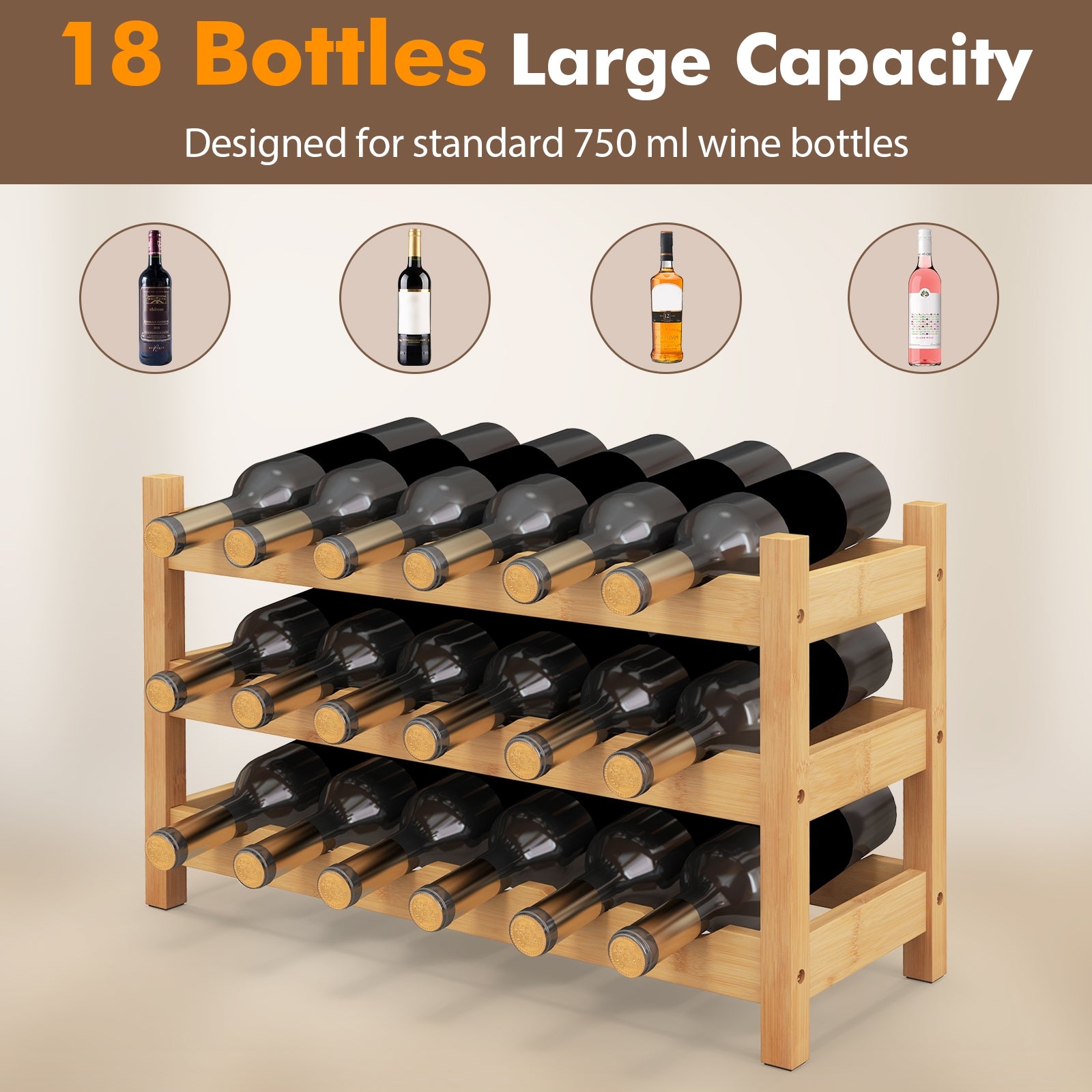 3-Tier Bamboo Freestanding Countertop Wine Bottle Organizer, Natural Wine Racks at Gallery Canada