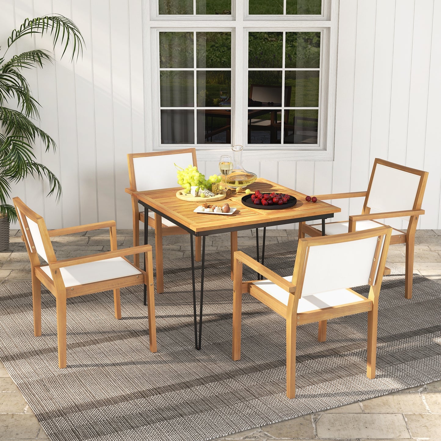 Stackable Outdoor Dining Chair Set of 2 with Acacia Wood Frame, Natural & White Dining Chairs at Gallery Canada