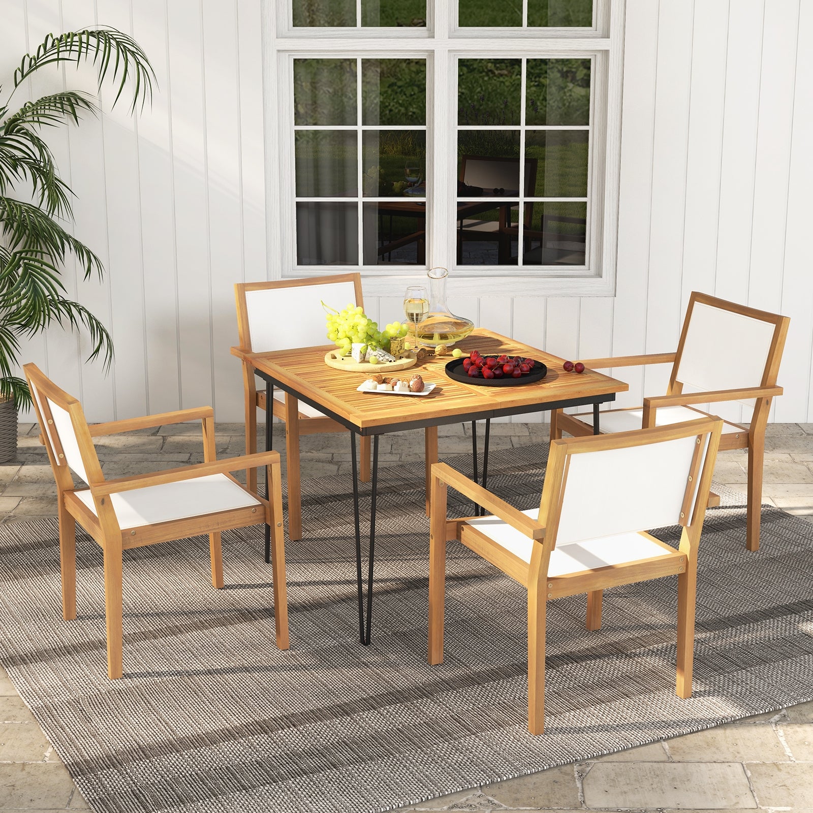 Stackable Outdoor Dining Chair Set of 2 with Acacia Wood Frame, Natural & White Dining Chairs at Gallery Canada