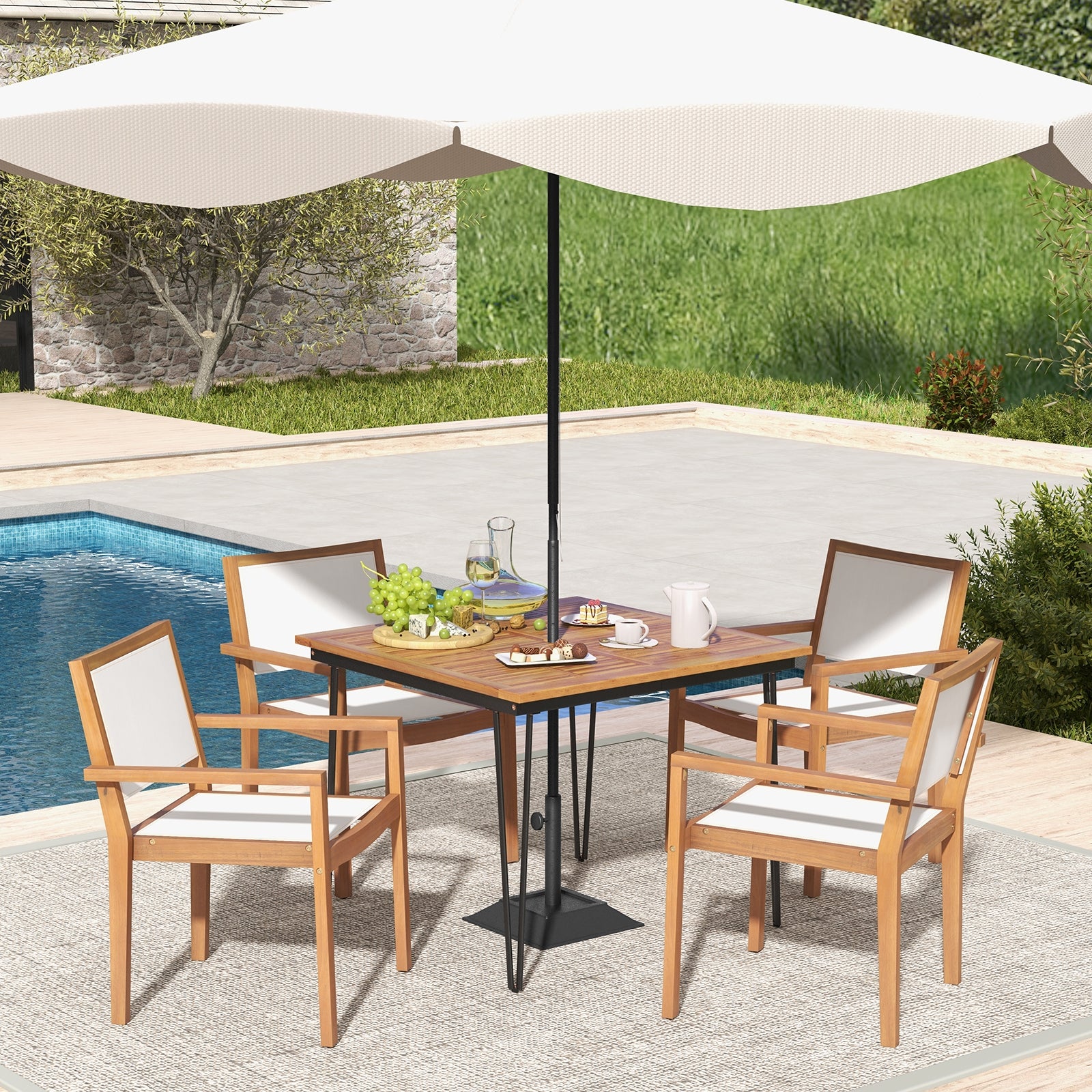 Stackable Outdoor Dining Chair Set of 2 with Acacia Wood Frame, Natural & White Dining Chairs at Gallery Canada
