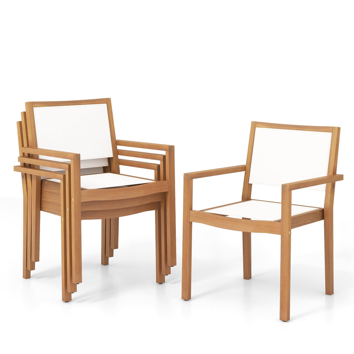 Stackable Outdoor Dining Chair Set of 2 with Acacia Wood Frame, Natural & White Dining Chairs at Gallery Canada