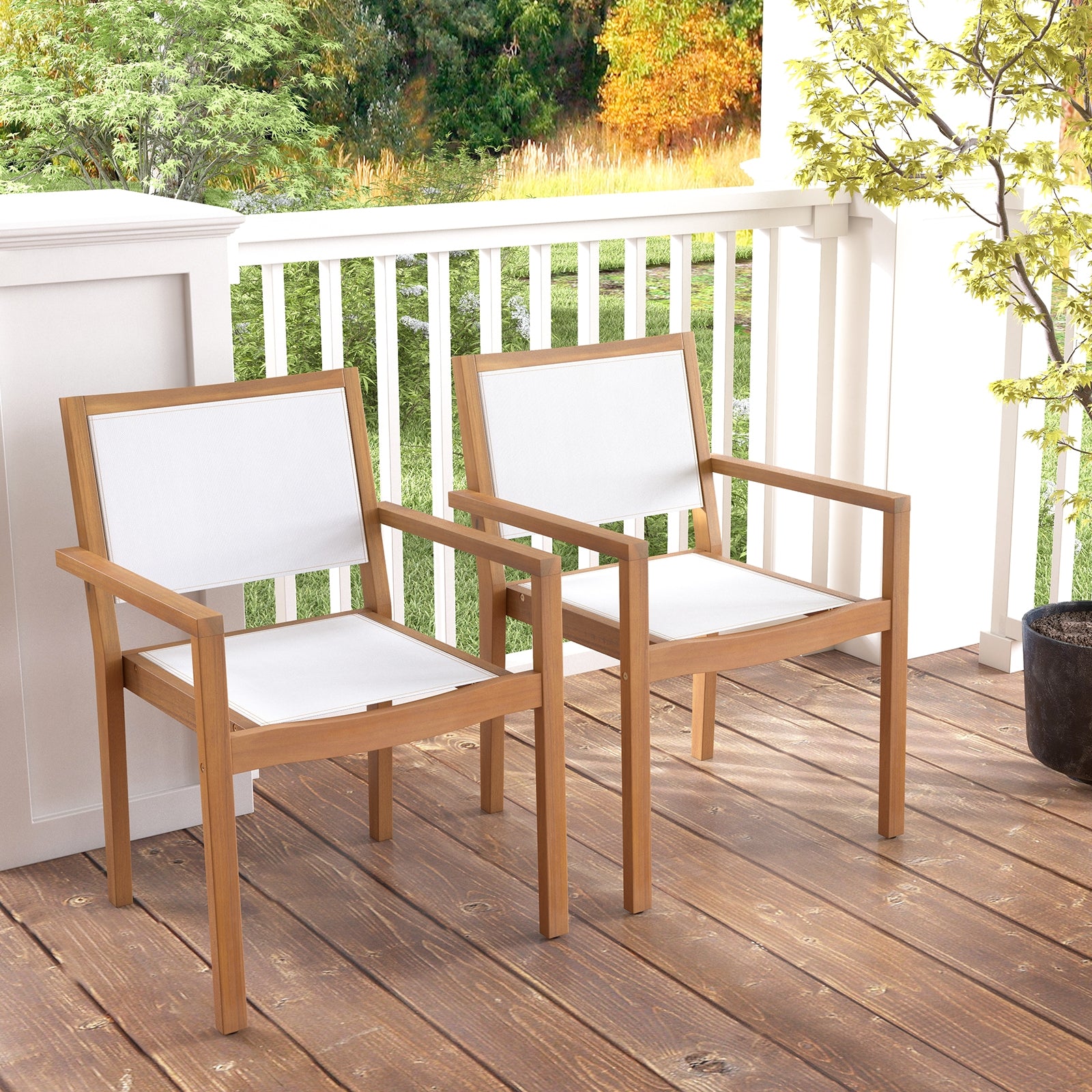 Stackable Outdoor Dining Chair Set of 2 with Acacia Wood Frame, Natural & White Dining Chairs at Gallery Canada