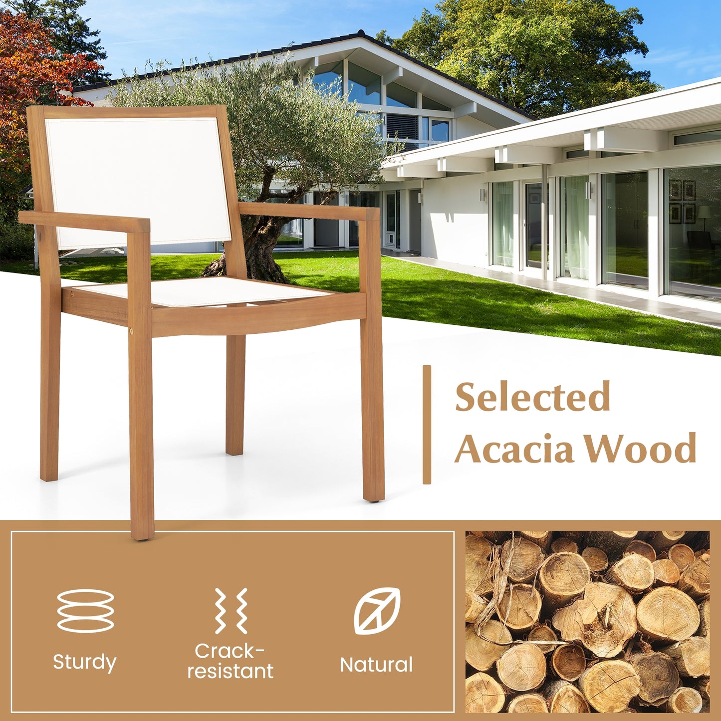 Stackable Outdoor Dining Chair Set of 2 with Acacia Wood Frame, Natural & White Dining Chairs at Gallery Canada