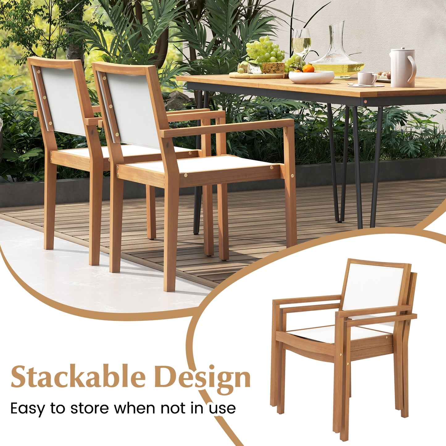 Stackable Outdoor Dining Chair Set of 2 with Acacia Wood Frame, Natural & White Dining Chairs at Gallery Canada