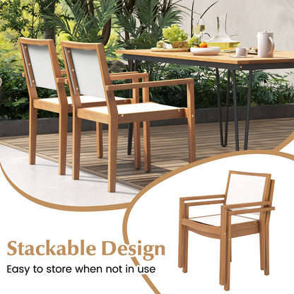 Stackable Outdoor Dining Chair Set of 2 with Acacia Wood Frame, Natural & White Dining Chairs at Gallery Canada