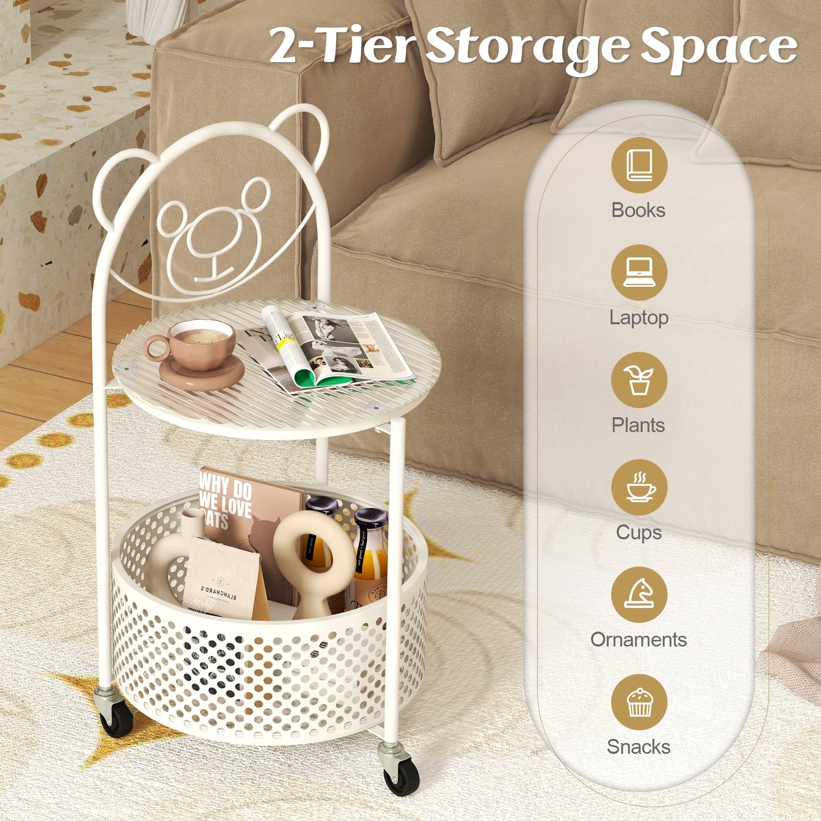 Modern Sofa Side Table on Lockable Wheels for Living Room Bedroom Study, White End & Side Tables at Gallery Canada