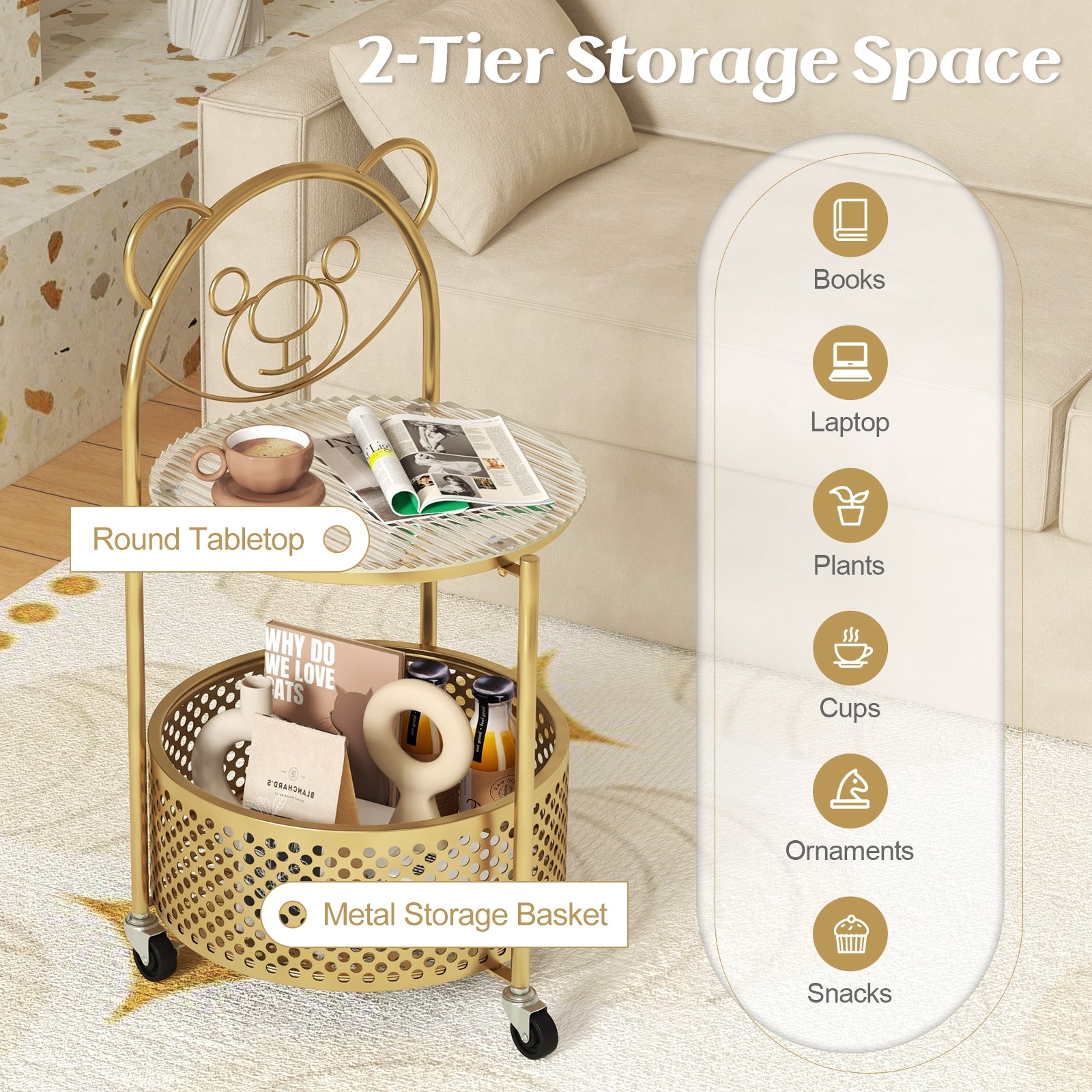 Modern Sofa Side Table on Lockable Wheels for Living Room Bedroom Study, Golden End & Side Tables at Gallery Canada