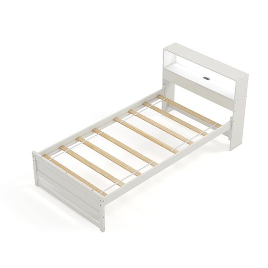 Twin Size Bed Frame with Storage Headboard and Charging Station, White Toddler Beds White at Gallery Canada