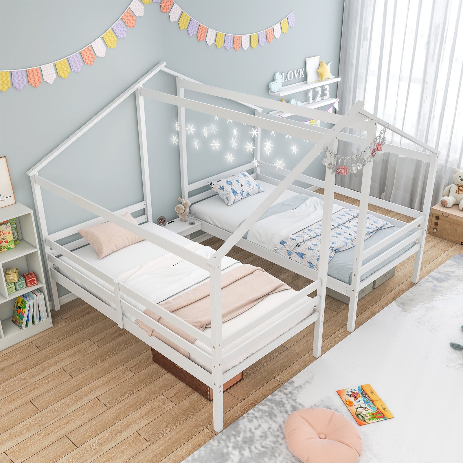 Double Twin Size Wooden Bed Frames with Built-in Table for Kids, White Bunk Bed Frame at Gallery Canada