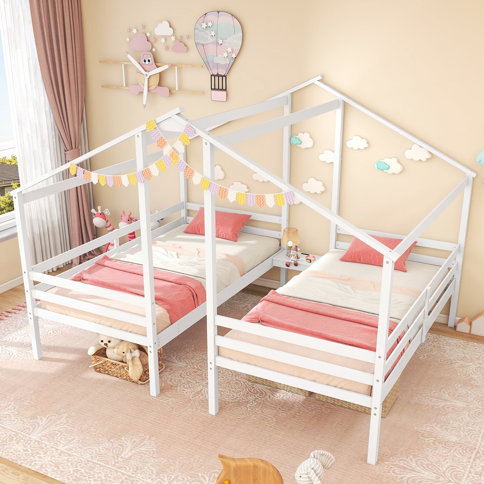 Double Twin Size Wooden Bed Frames with Built-in Table for Kids, White Bunk Bed Frame at Gallery Canada
