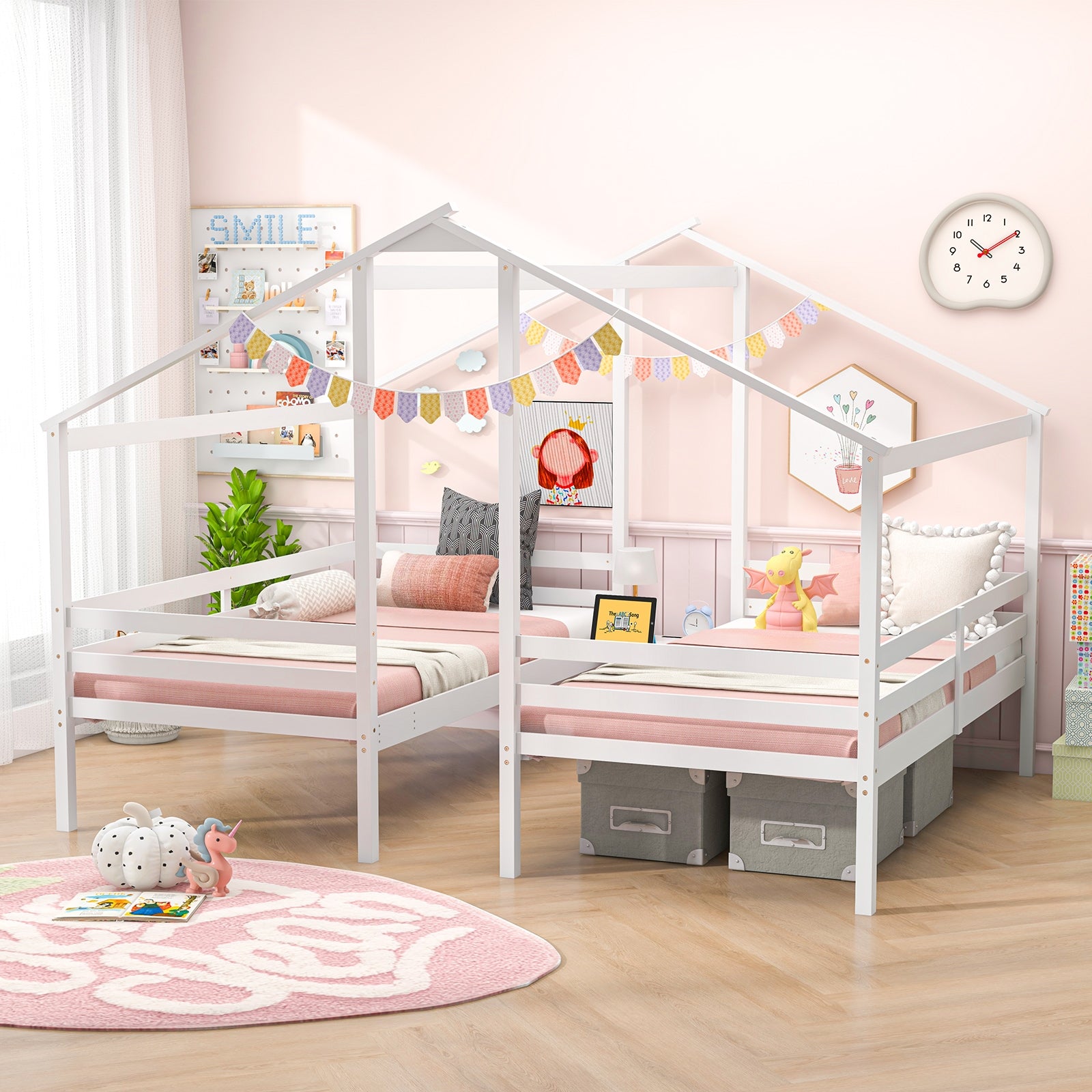 Double Twin Size Wooden Bed Frames with Built-in Table for Kids, White Bunk Bed Frame at Gallery Canada