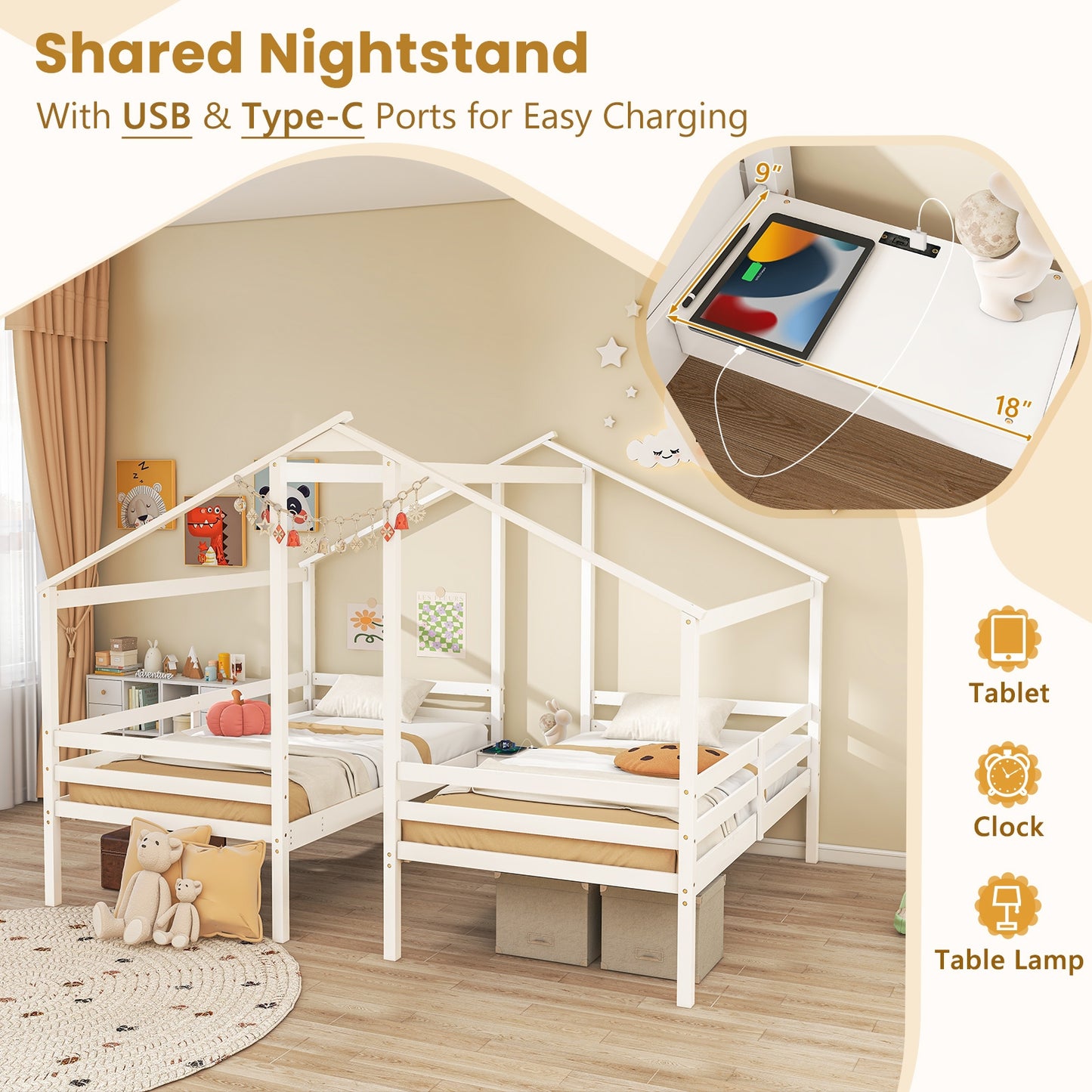 Double Twin Size Wooden Bed Frames with Built-in Table for Kids, White Bunk Bed Frame at Gallery Canada