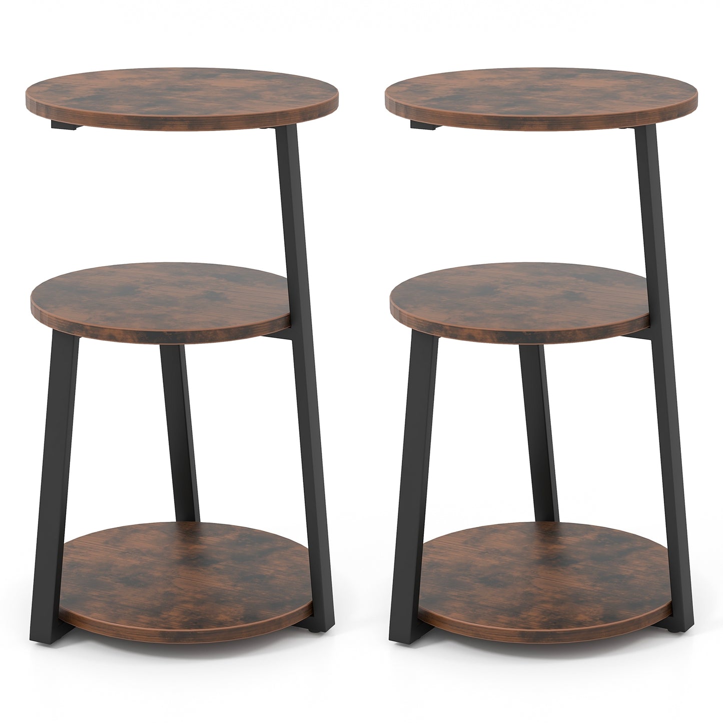 3-Tier Accent Round Side Table with Metal Frame-Set of 2, Rustic Brown End & Side Tables Set of 2 - Rustic Brown at Gallery Canada