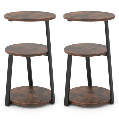 3-Tier Accent Round Side Table with Metal Frame-Set of 2, Rustic Brown End & Side Tables Set of 2 - Rustic Brown at Gallery Canada
