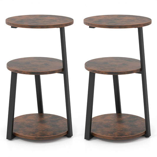 3-Tier Accent Round Side Table with Metal Frame-Set of 2, Rustic Brown End & Side Tables Set of 2 - Rustic Brown at Gallery Canada