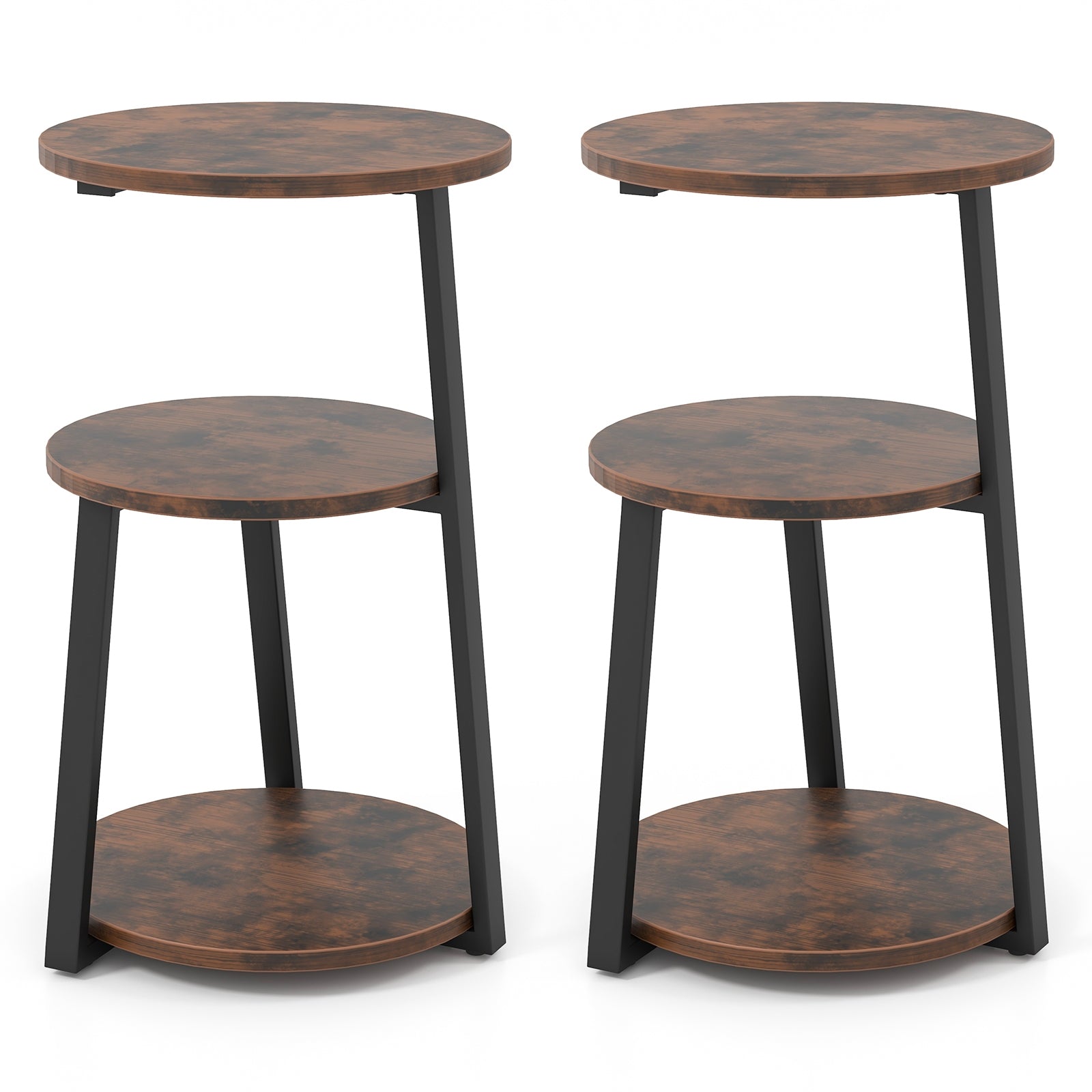 3-Tier Accent Round Side Table with Metal Frame-Set of 2, Rustic Brown End & Side Tables at Gallery Canada
