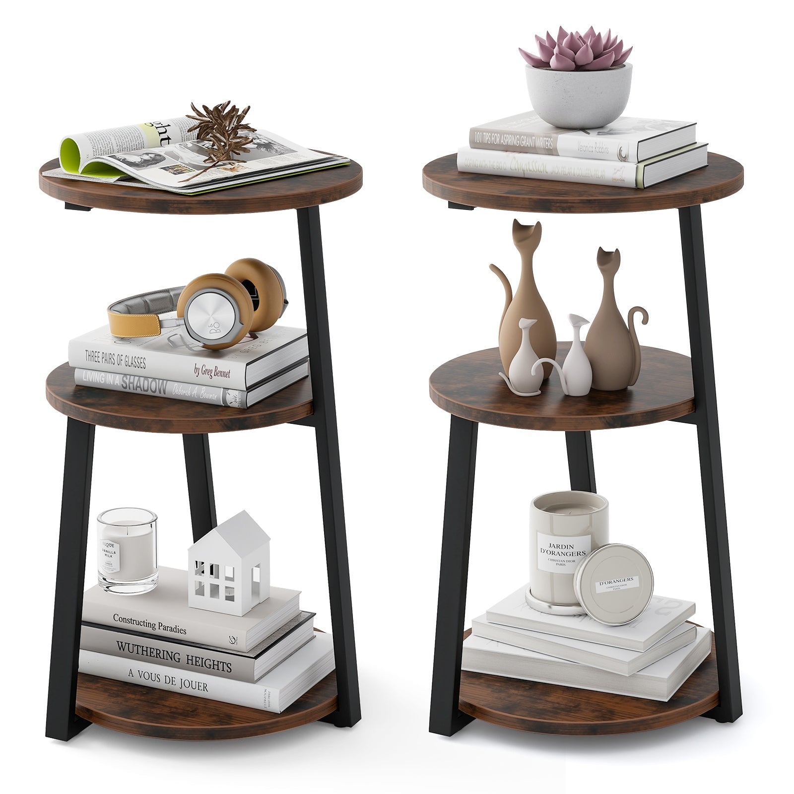 3-Tier Accent Round Side Table with Metal Frame-Set of 2, Rustic Brown End & Side Tables at Gallery Canada