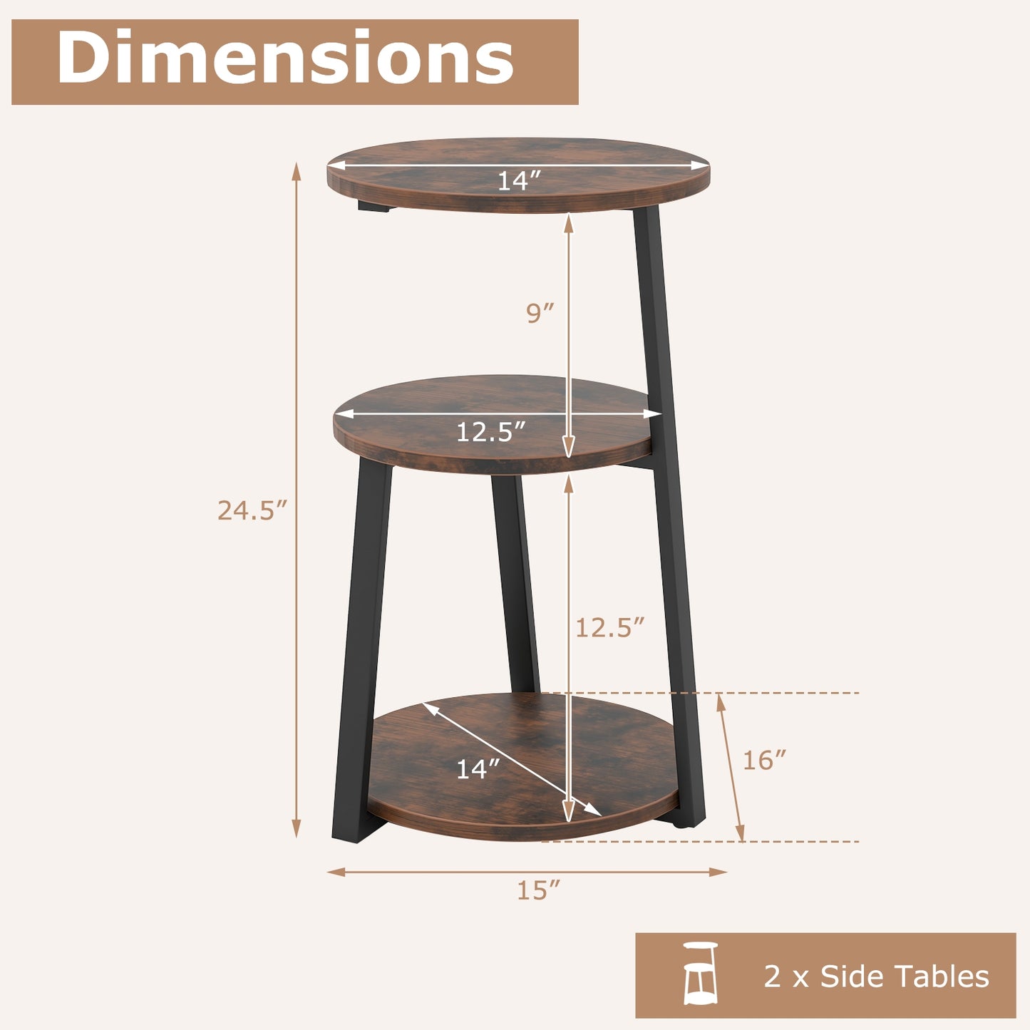 3-Tier Accent Round Side Table with Metal Frame-Set of 2, Rustic Brown End & Side Tables at Gallery Canada