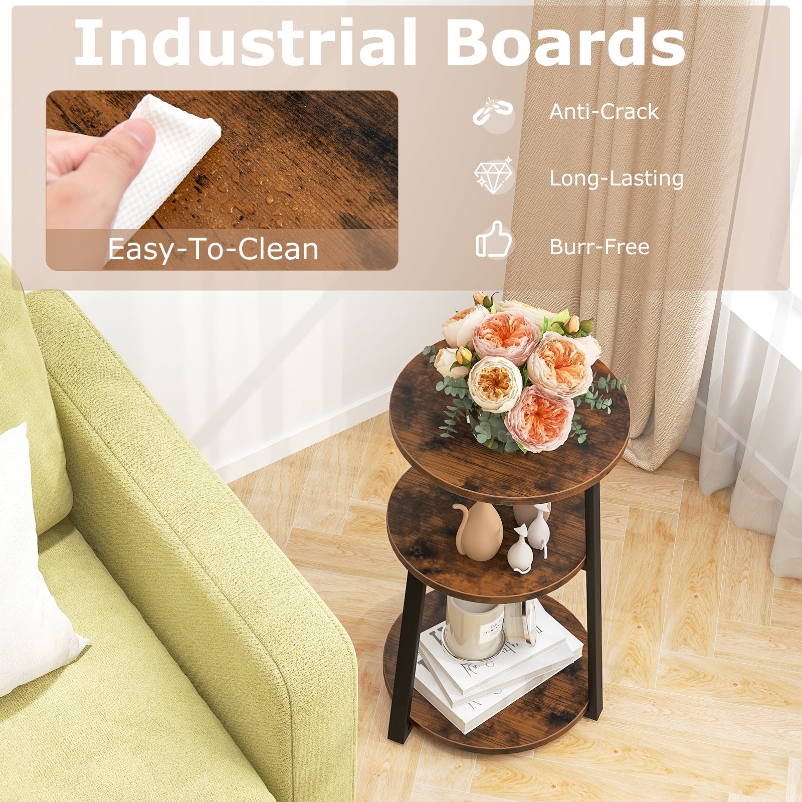 3-Tier Accent Round Side Table with Metal Frame-Set of 2, Rustic Brown End & Side Tables at Gallery Canada