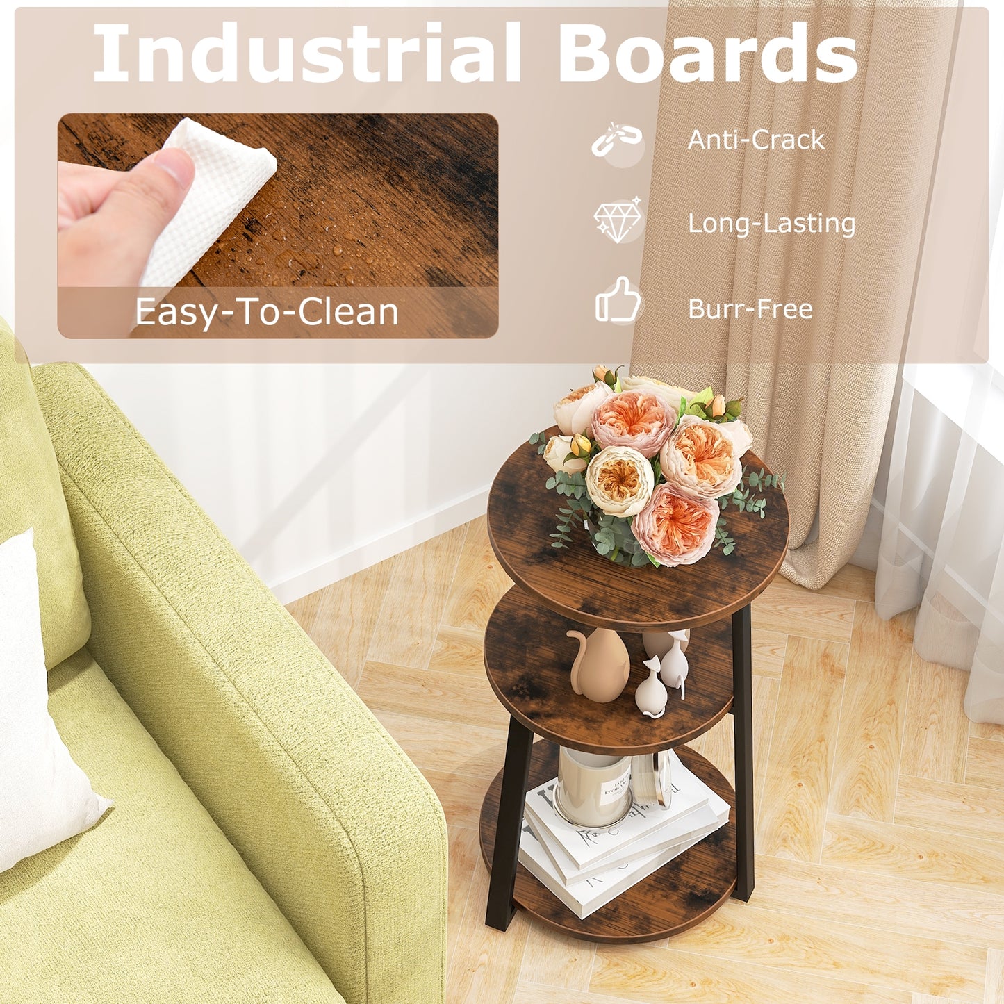 3-Tier Accent Round Side Table with Metal Frame-Set of 2, Rustic Brown End & Side Tables at Gallery Canada