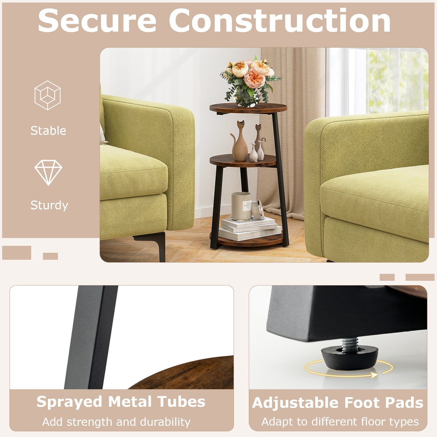 3-Tier Accent Round Side Table with Metal Frame-Set of 2, Rustic Brown End & Side Tables at Gallery Canada