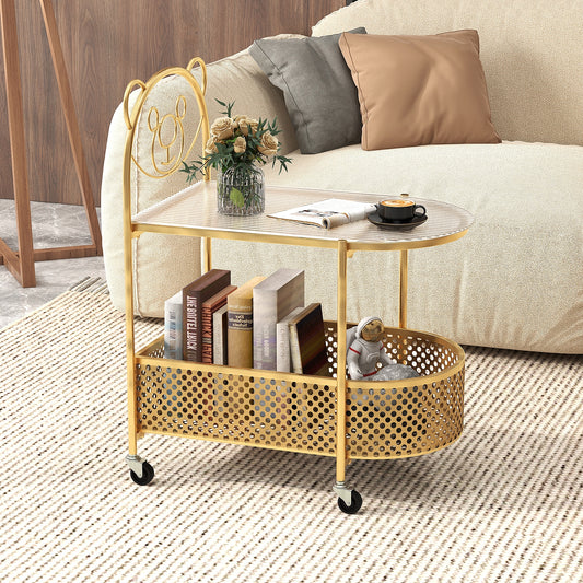 2-Tier Mobile Glass Coffee Table with Bear Pattern, Golden Coffee Tables Golden at Gallery Canada