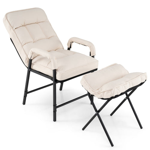 Modern Linen Accent Chair With Ottoman, Adjustable Backrest, Beige
