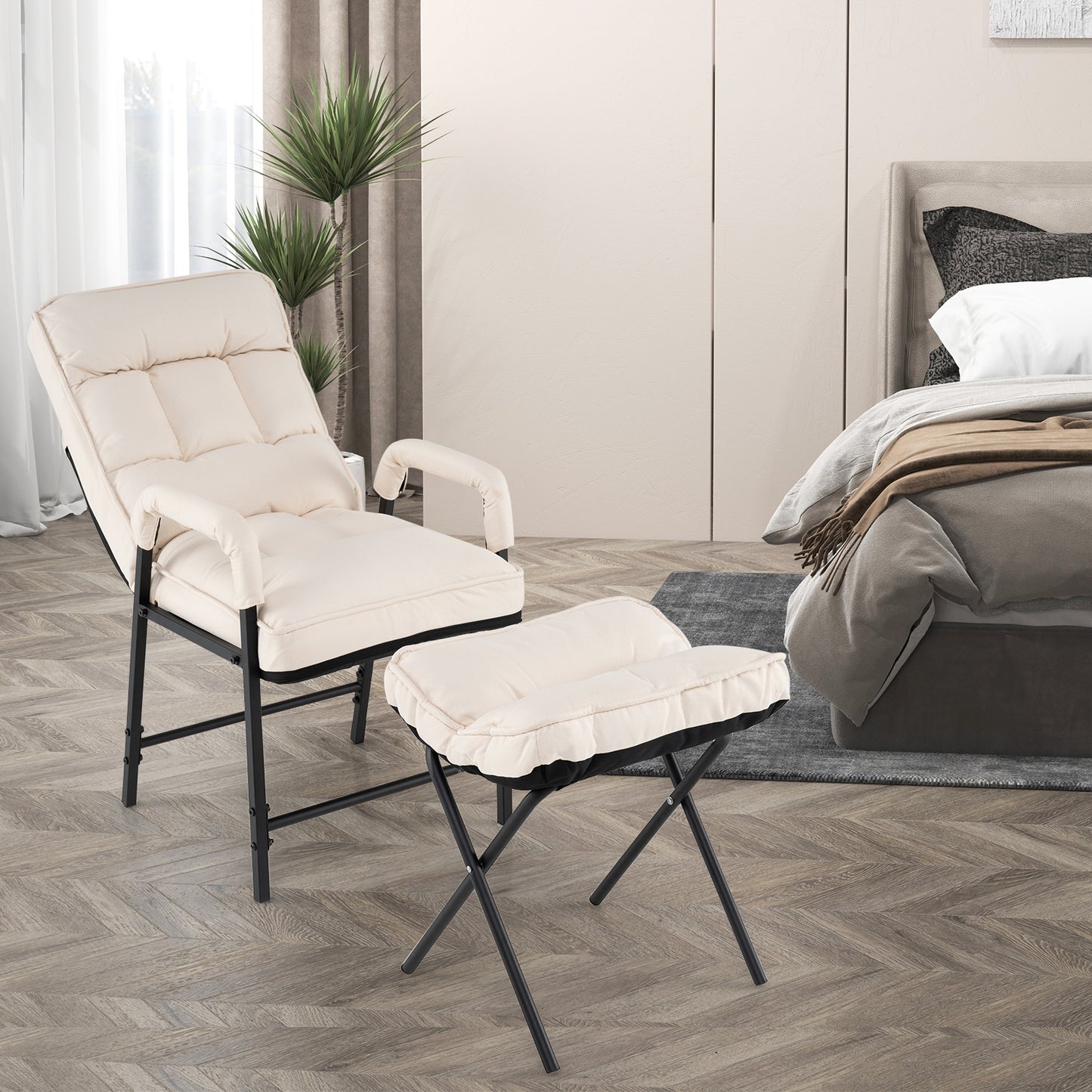 Linen Fabric Modern Accent Chair with Ottoman and Adjustable Backrest, Beige Accent Chairs at Gallery Canada