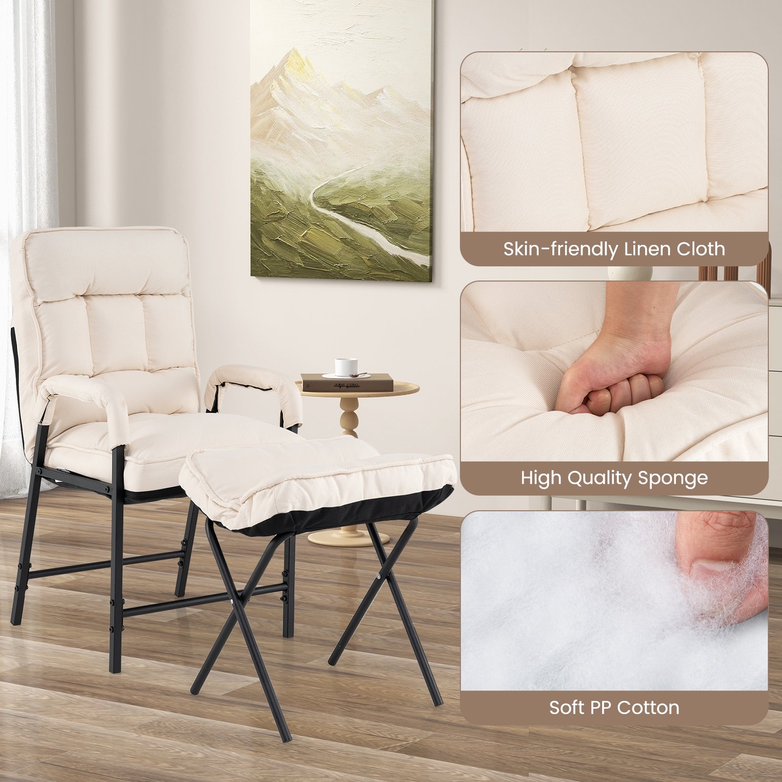 Linen Fabric Modern Accent Chair with Ottoman and Adjustable Backrest, Beige Accent Chairs at Gallery Canada