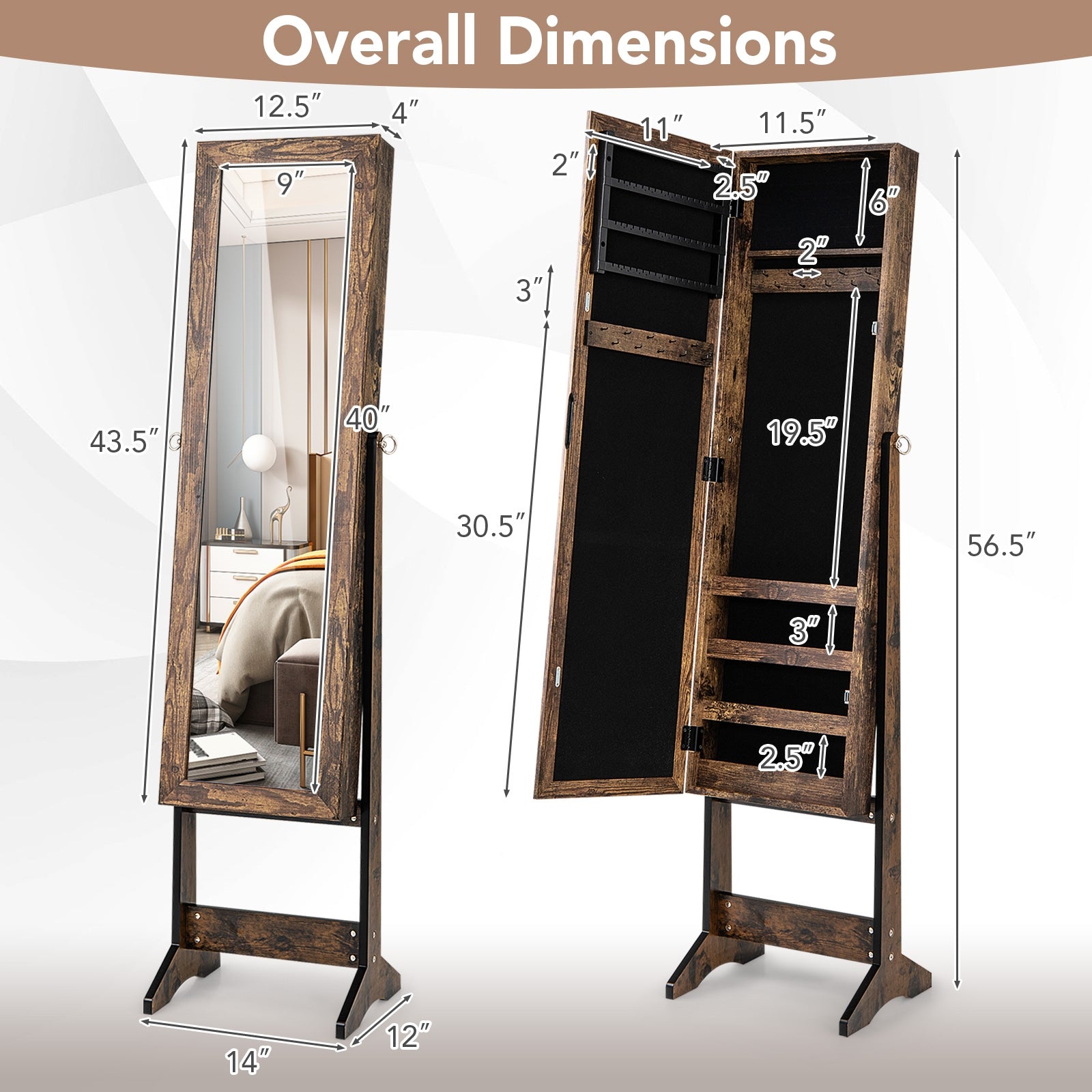 Mirrored Standing Jewelry Cabinet Storage Box, Brown Jewelry Armoires at Gallery Canada