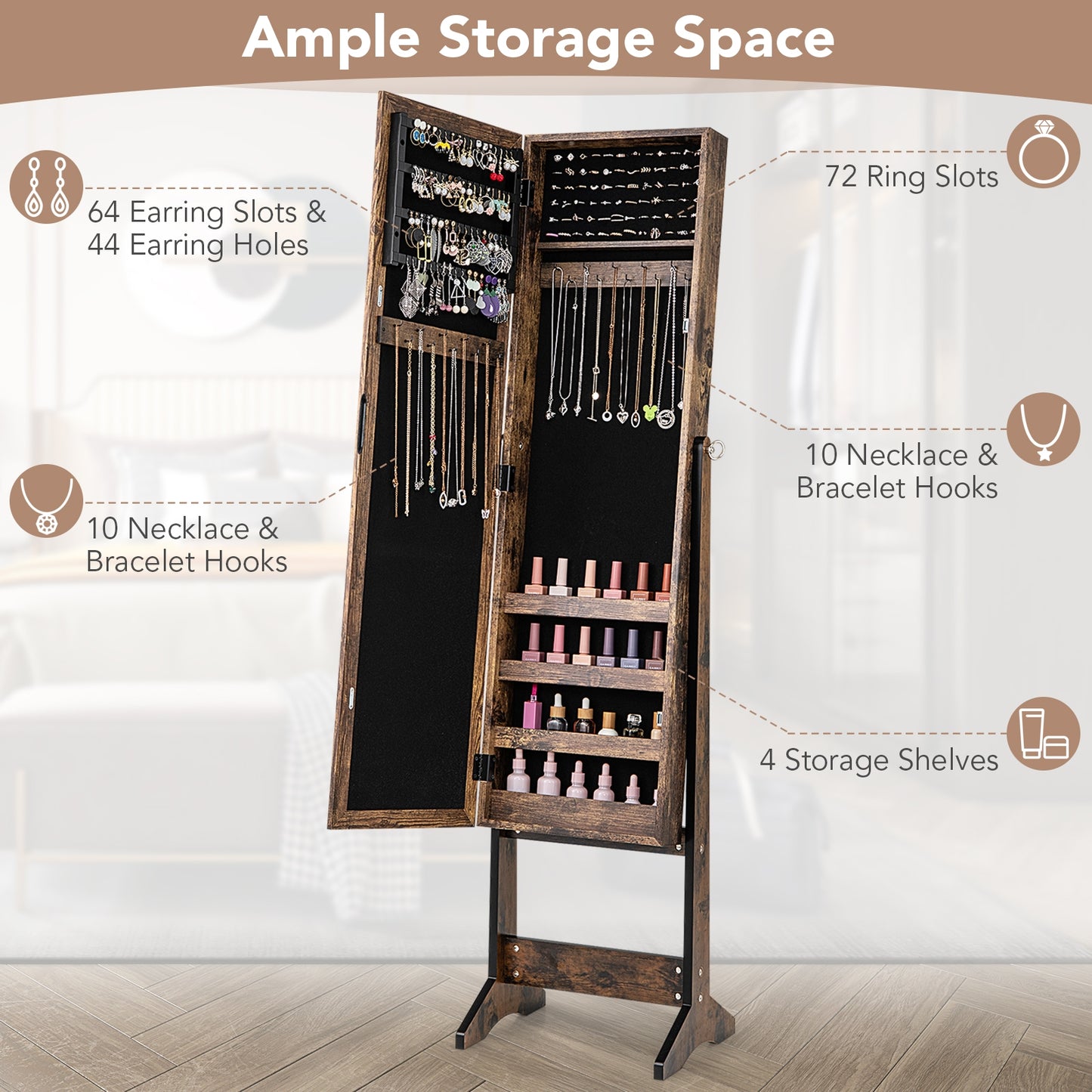 Mirrored Standing Jewelry Cabinet Storage Box, Brown Jewelry Armoires at Gallery Canada