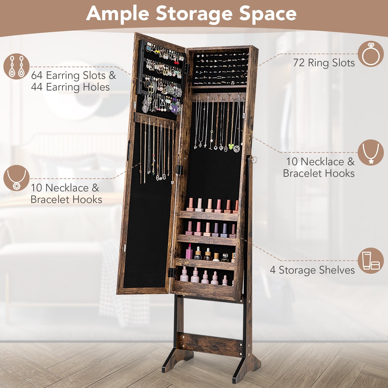 Mirrored Standing Jewelry Cabinet Storage Box, Brown Jewelry Armoires at Gallery Canada