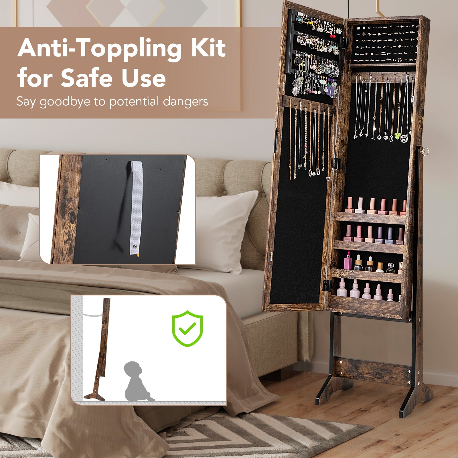 Mirrored Standing Jewelry Cabinet Storage Box, Brown Jewelry Armoires at Gallery Canada