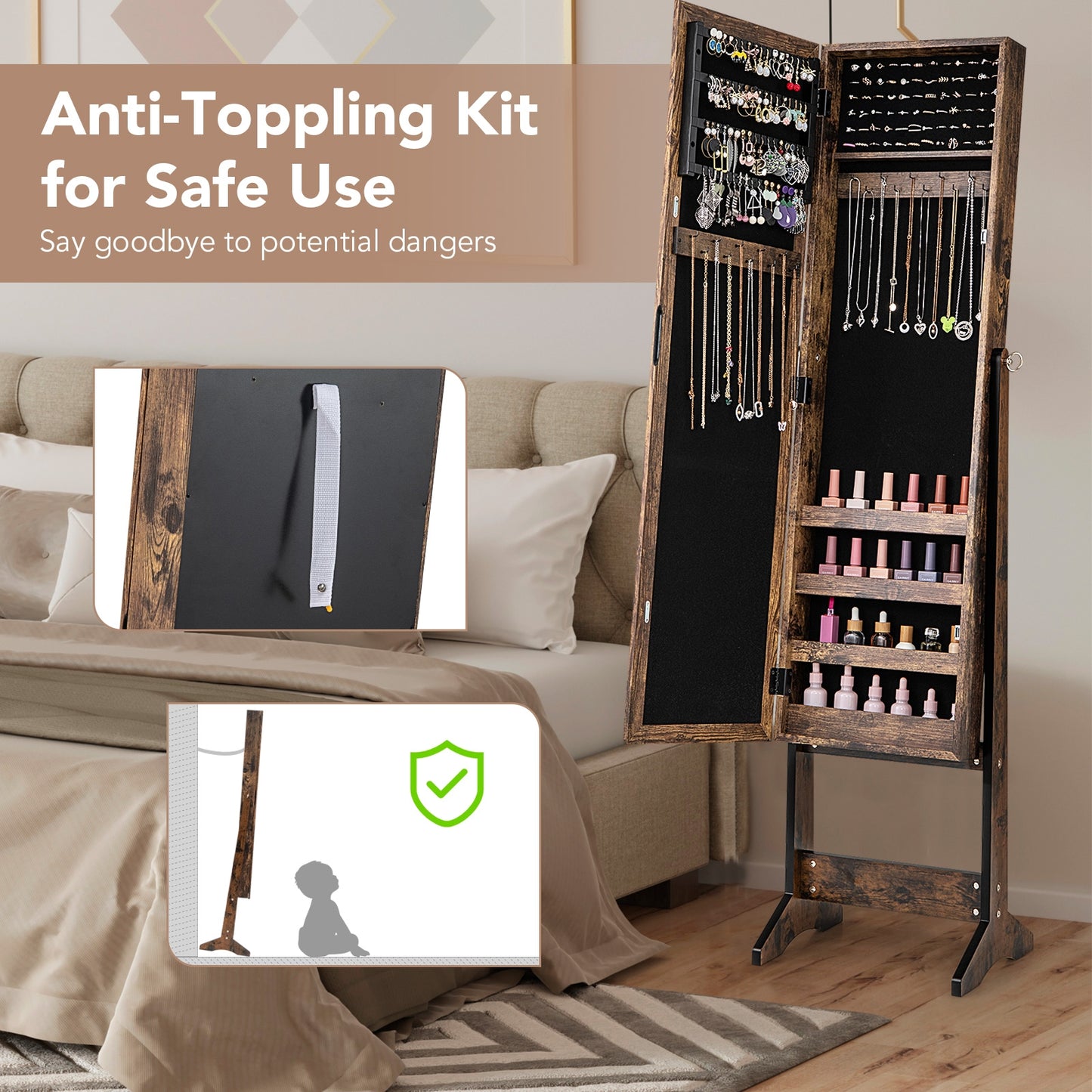 Mirrored Standing Jewelry Cabinet Storage Box, Brown Jewelry Armoires at Gallery Canada