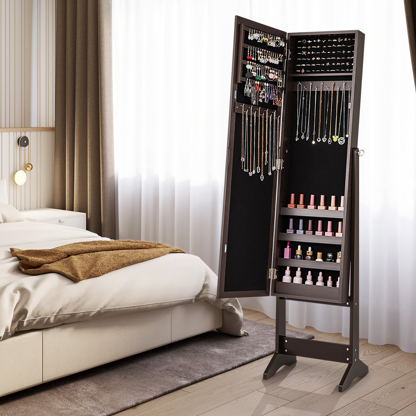 Mirrored Standing Jewelry Cabinet, Rustic Brown Jewelry Armoires at Gallery Canada