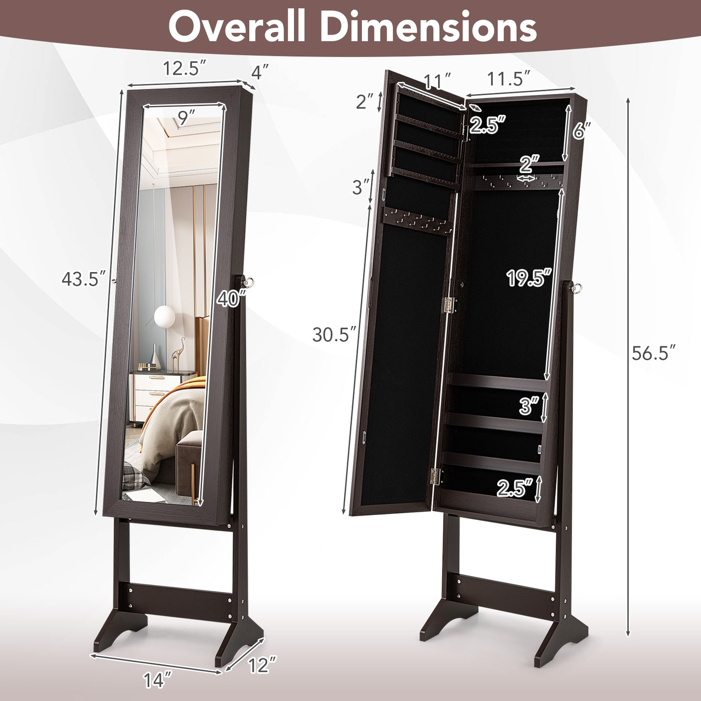 Mirrored Standing Jewelry Cabinet, Rustic Brown Jewelry Armoires at Gallery Canada