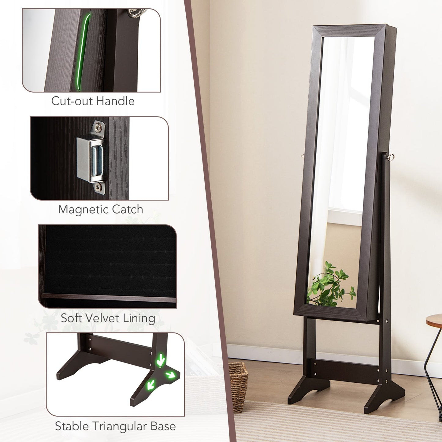 Mirrored Standing Jewelry Cabinet, Rustic Brown Jewelry Armoires at Gallery Canada