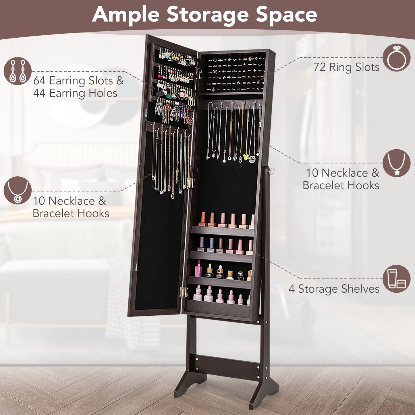 Mirrored Standing Jewelry Cabinet, Rustic Brown Jewelry Armoires at Gallery Canada